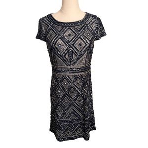 Adrianna Papell Blue Beaded Mesh Cap Sleeve Sheath Dress Size 6P